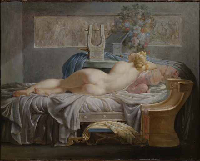O pictură cu o persoana care doarme.